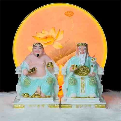 Tượng Thần Tài Thổ Địa Đá Xanh Nhập Khẩu 2 Ông Ngồi Ngai T041