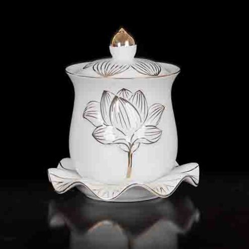 Chóe Thờ Sứ Trắng Hoa Sen Viền Vàng DT238