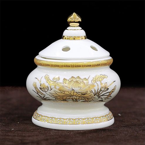 Lư Đốt Trầm Sứ Trắng Hoa Sen Vàng DT250