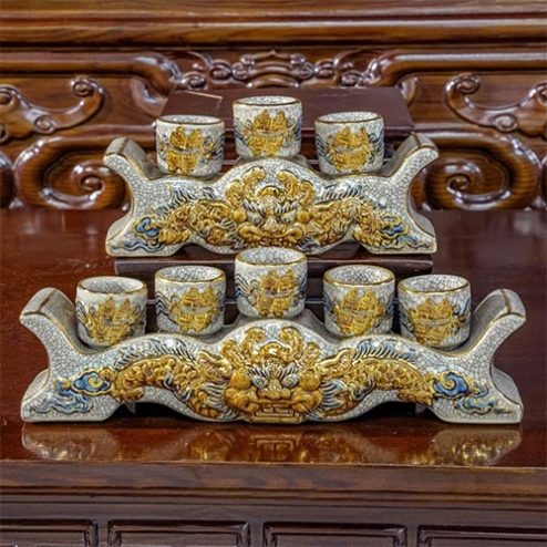 Kỷ Chén Ngai Bát Tràng Men Rạn Vẽ Vàng Cao Cấp DT637