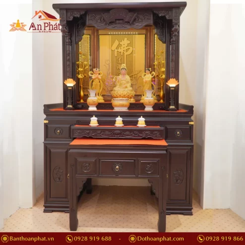 Ban Thờ Gỗ Cẩm Khắc Kinh Phật Màu Óc Chó BT8703 An Phát