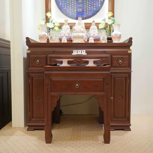 Bàn thờ nhập khẩu chạm khắc hoa sen màu nâu đỏ BT8714 An Phát