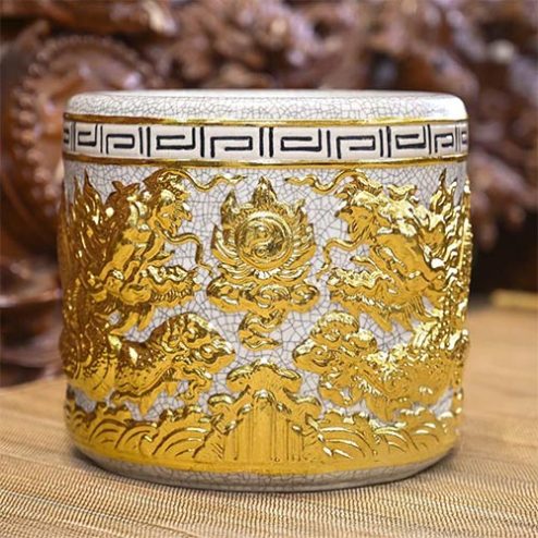 Bát Hương Bát Tràng Men Rạn Rồng Dát Vàng DT688 - R16