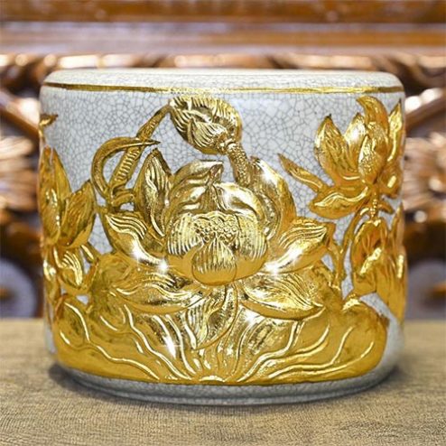 Bát Hương Dát Vàng Men Rạn Hoa Sen Đắp Nổi Bát Tràng DT689