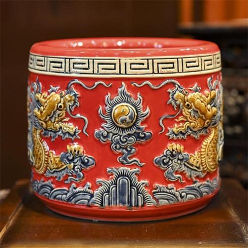 Bát Hương Gốm Bát Tràng Men Đắp Nổi Rồng Đỏ DT684 - R16