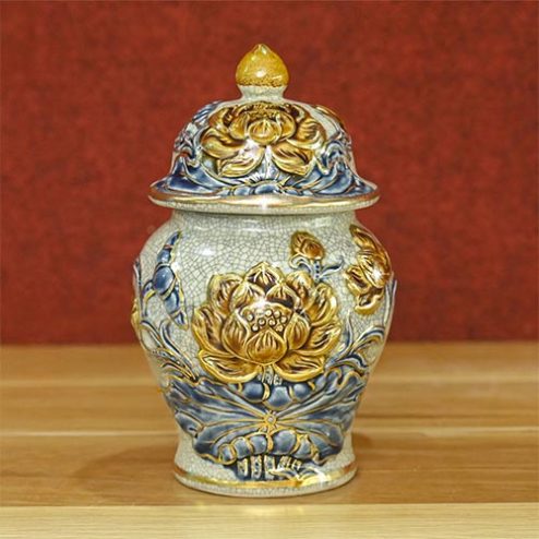 Choé Thờ Hoa Sen Men Rạn Đắp Nổi Bát Tràng Vẽ Vàng DT743