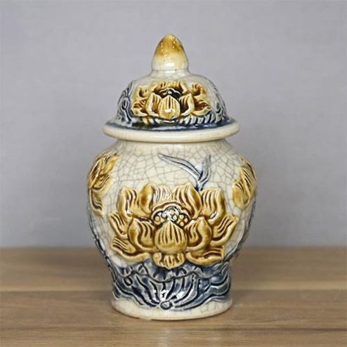 Choé Thờ Men Rạn Bát Tràng Đắp Nổi Hoa Sen DT751