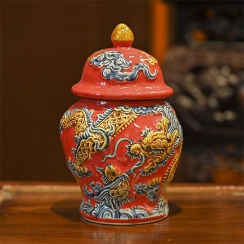 Choé Thờ Sứ Men Đỏ Đắp Nổi Rồng Gốm Bát Tràng DT753