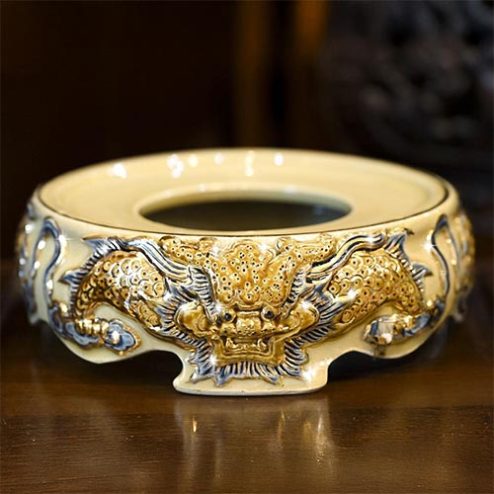 Đế Kê Bát Hương Gốm Hoàng Thổ Rồng Vẽ Vàng DT654