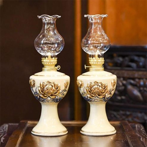 Đèn Thờ Dầu Sứ Bát Tràng Men Hoàng Thổ Đắp Nổi Vẽ Vàng DT775