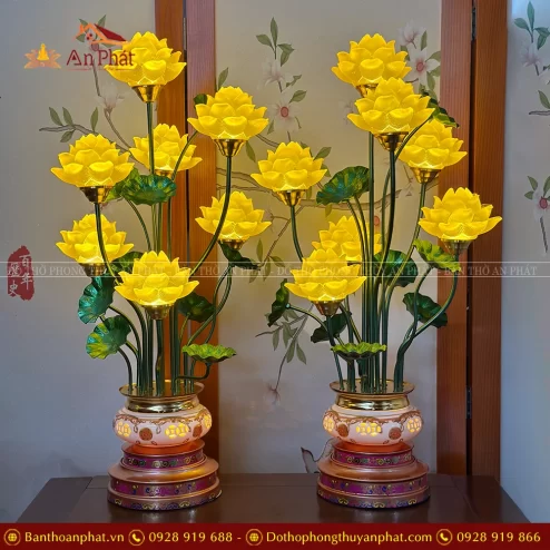 Đèn thờ điện hoa sen 7 bông bát sứ xanh DTD1456 An Phát