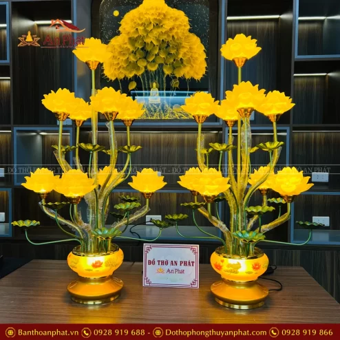 Đèn thờ hoa sen lưu ly bằng điện cao cấp