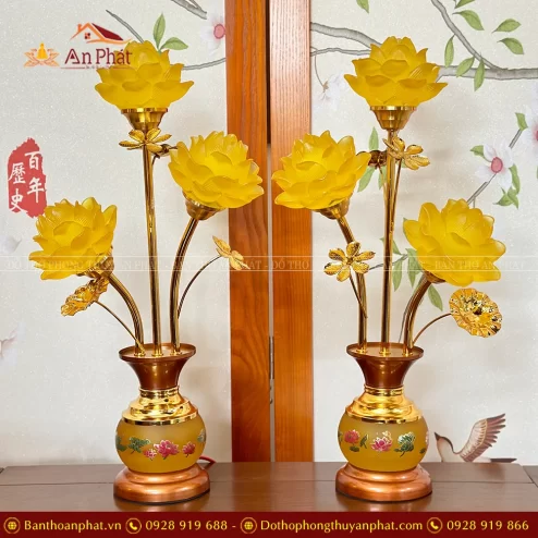 Đèn thờ điện lưu ly hoa sen 3 bông bụng DTD1453 An Phát