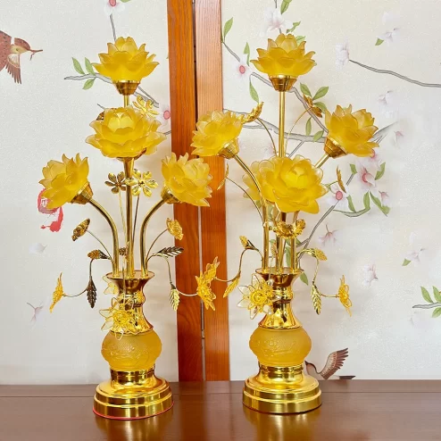 Đèn thờ điện lưu ly hoa sen 5 bông cành vàng DTD1454 An Phát