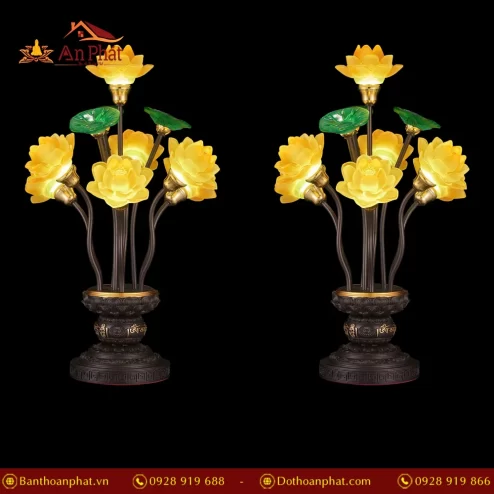Đèn thờ điện lưu ly 7 bông hoa sen lá xanh bầu hợp kim