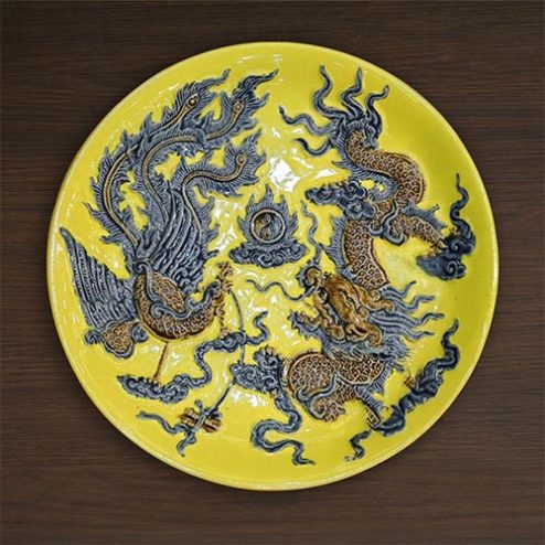 Đĩa Bồng Thờ Men Vàng Đắp Nổi Bát Tràng Rồng Phụng DT701