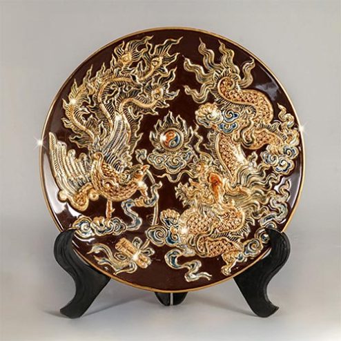 Đĩa Thờ Bát Tràng Long Phụng Chầu Nguyệt Nâu Đắp Nổi Vẽ Vàng DT697