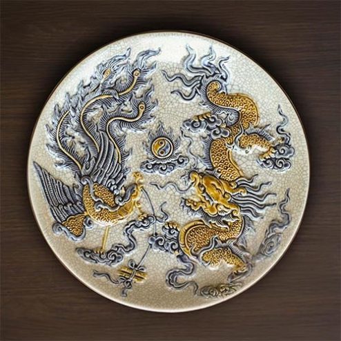 Đĩa Thờ Bát Tràng Men Rạn Đắp Nổi Long Phụng Chầu Nguyệt DT705