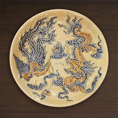 Đĩa Thờ Long Phụng Chầu Nguyệt Men Hoàng Thổ Đắp Nổi DT704
