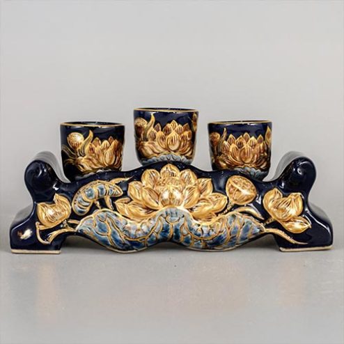 Kỷ Chén Ngai Bát Tràng Xanh Coban Đắp Nổi Vẽ Vàng DT805