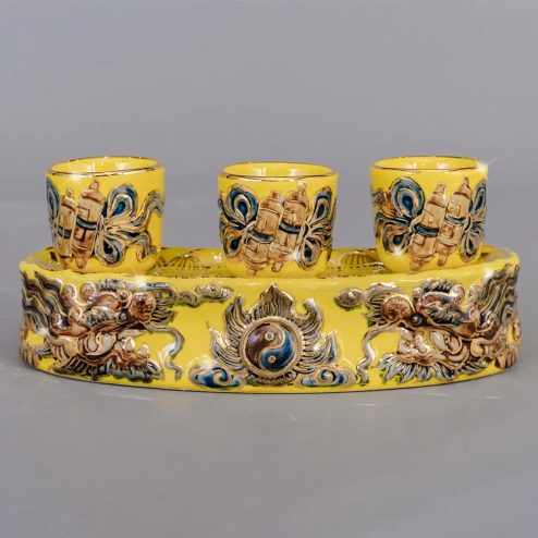 Kỷ Chén Tròn Bát Tràng Men Vàng Đắp Nổi Vẽ Vàng DT798