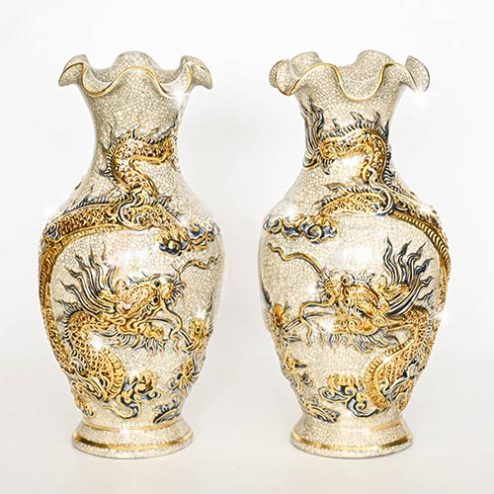 Lọ Hoa Bát Tràng Men Rạn Đắp Nổi Rồng Vẽ Vàng DT709