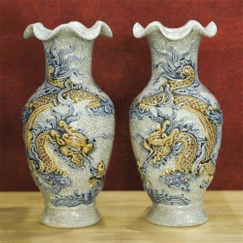 Lọ Hoa Men Rạn Đắp Nổi Rồng Gốm Bát Tràng DT707