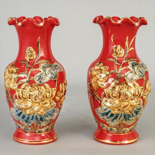 Lọ Hoa Miệng Lượn Gốm Đỏ Đắp Nổi Hoa Sen Vẽ Vàng DT736