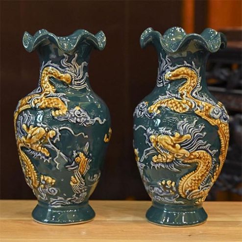 Lọ Hoa Miệng Lượn Gốm Xanh Bát Tràng Đắp Nổi Rồng DT717