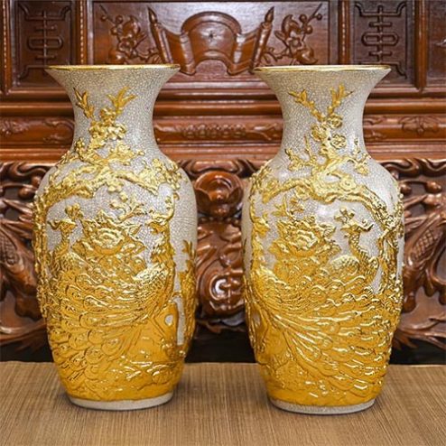 Lọ Lộc Bình Bát Tràng Công Đào Men Rạn Đắp Nổi Dát Vàng DT730