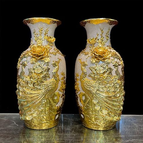 Lọ Lộc Bình Công Đào Kênh Dát Vàng Men Rạn Đắp Nổi DT731