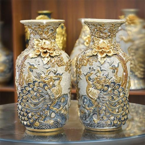 Lọ Lộc Bình Men Rạn Bát Tràng Công Đào Kênh Đắp Nổi Vẽ Vàng DT741