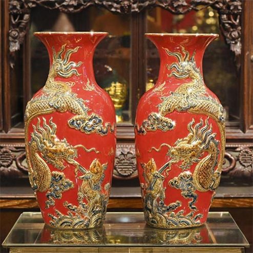 Lộc Bình Gốm Đỏ Bát Tràng Đắp Nổi Rồng Vẽ Vàng DT738