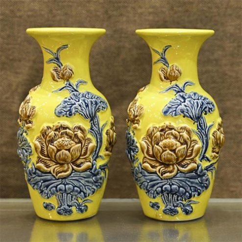 Lộc Bình Hoa Sen Gốm Vàng Bát Tràng Đắp Nổi DT725