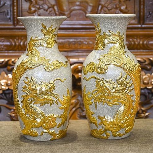 Lộc Bình Men Rạn Rồng Đắp Nổi Dát Vàng Cao Cấp DT728