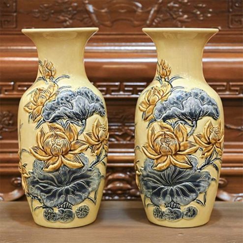 Lộc Bình Sứ Bát Tràng Men Hoàng Thổ Đắp Nổi Hoa Sen DT726