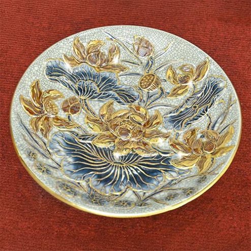 Mâm Bồng Men Rạn Hoa Sen Đắp Nổi Vẽ Vàng Bát Tràng DT692