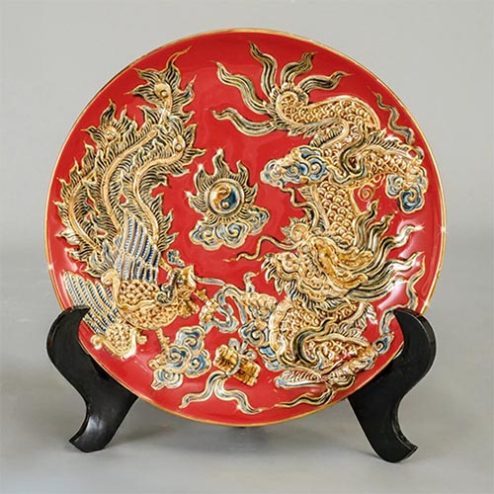 Mâm Bồng Thờ Bát Tràng Đỏ Đắp Nổi Rồng Vẽ Vàng DT694