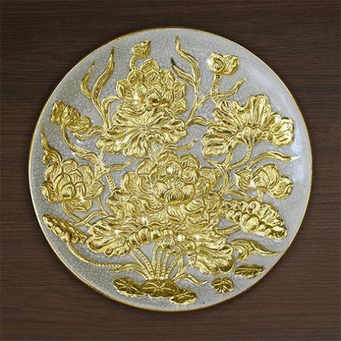 Mâm Bồng Thờ Bát Tràng Men Rạn Đắp Nổi Hoa Sen Dát Vàng DT699