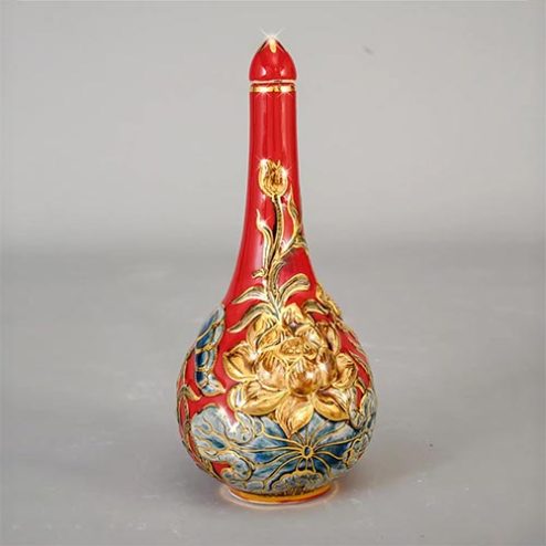 Nậm Rượu Cao Cấp Bát Tràng Men Đỏ Đắp Nổi Vẽ Vàng DT827