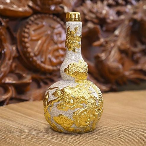 Nậm Rượu Thờ Bầu 2 Men Rạn Đắp Nổi Dát Vàng DT824