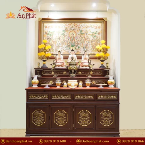 Tủ thờ tam cấp gỗ Cẩm vẽ vàng màu nâu đỏ BT8715 An Phát