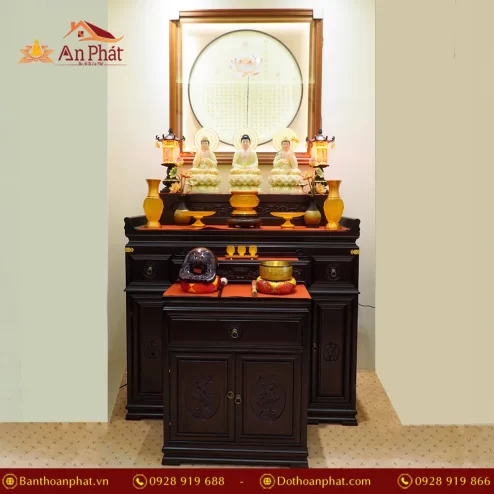 Bàn thờ chạm khắc hoa sen kèm tủ cơm màu óc chó BT8718 An Phát