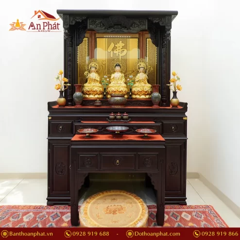 Bàn thờ gỗ Cẩm chạm khắc hoa sen màu óc chó BT8720 An Phát