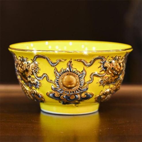 Bát Cơm Thờ Cao Cấp Men Màu Vàng Đắp Nổi Vẽ Vàng DT852