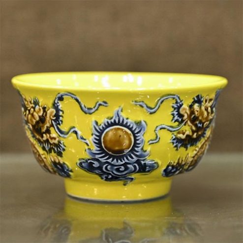 Bát Cơm Thờ Cúng Men Màu Vàng Đắp Nổi Bát Tràng DT842