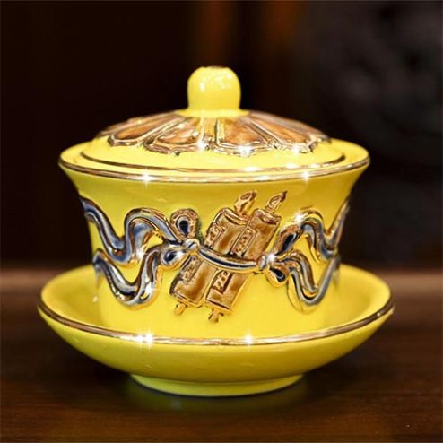 Bát Sâm Thờ Vẽ Vàng Cao Cấp Men Màu Vàng Đắp Nổi DT890