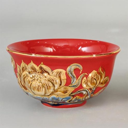 Bát Thờ Cúng Cao Cấp Men Màu Đỏ Đắp Nổi Vẽ Vàng DT851