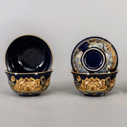 Bát Thờ Cúng Cao Cấp Men Màu Xanh Coban Đắp Nổi Vẽ Vàng DT856