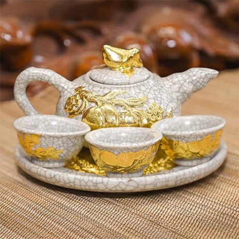 Bộ Ấm Chén Thờ Bát Tràng Men Rạn Đắp Nổi Dát Vàng DT845